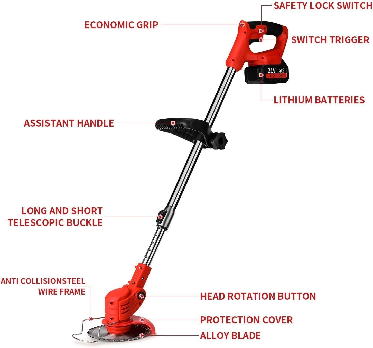 Electric Cordless Grass String Trimmer Lawn Edger Weed Wacker Cutter + 2 Battery