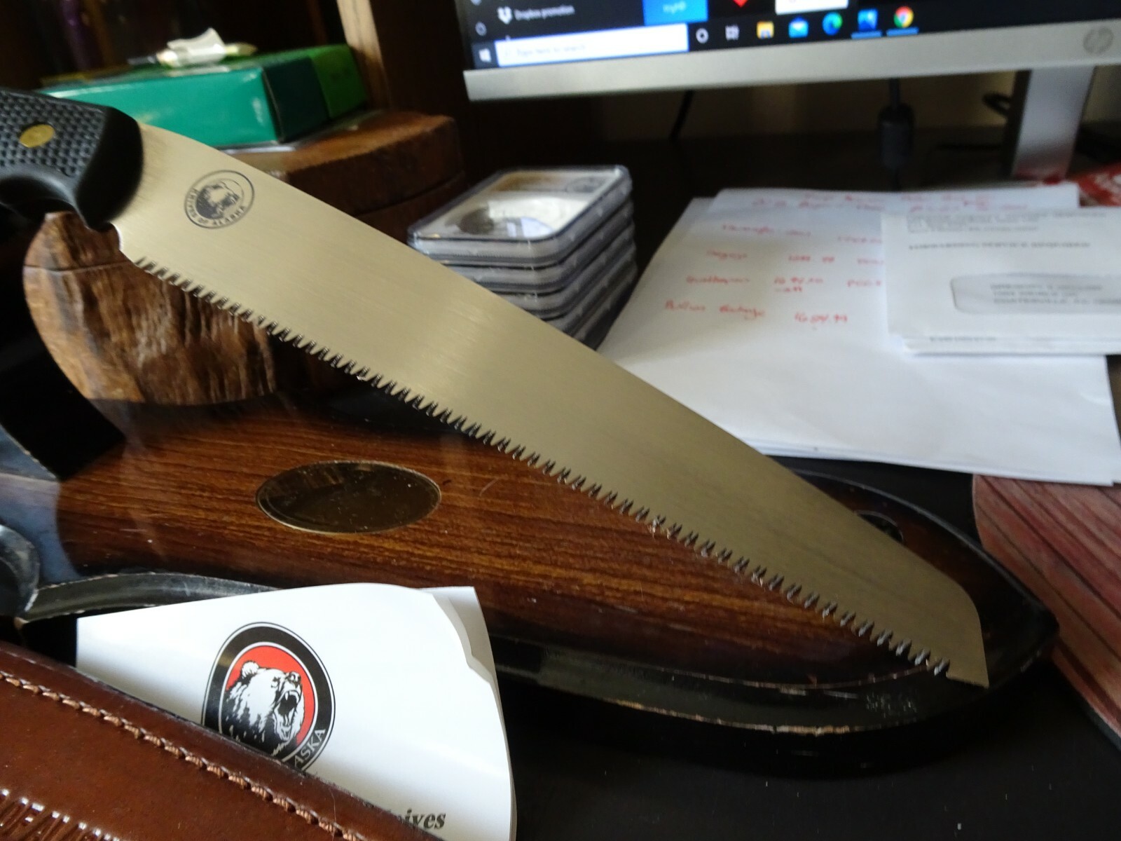 KNIVES OF ALASKA 13" BONE SAW SK5 STAINLESS BLADE NONSLIP HANDLE LEATHER SHEATH