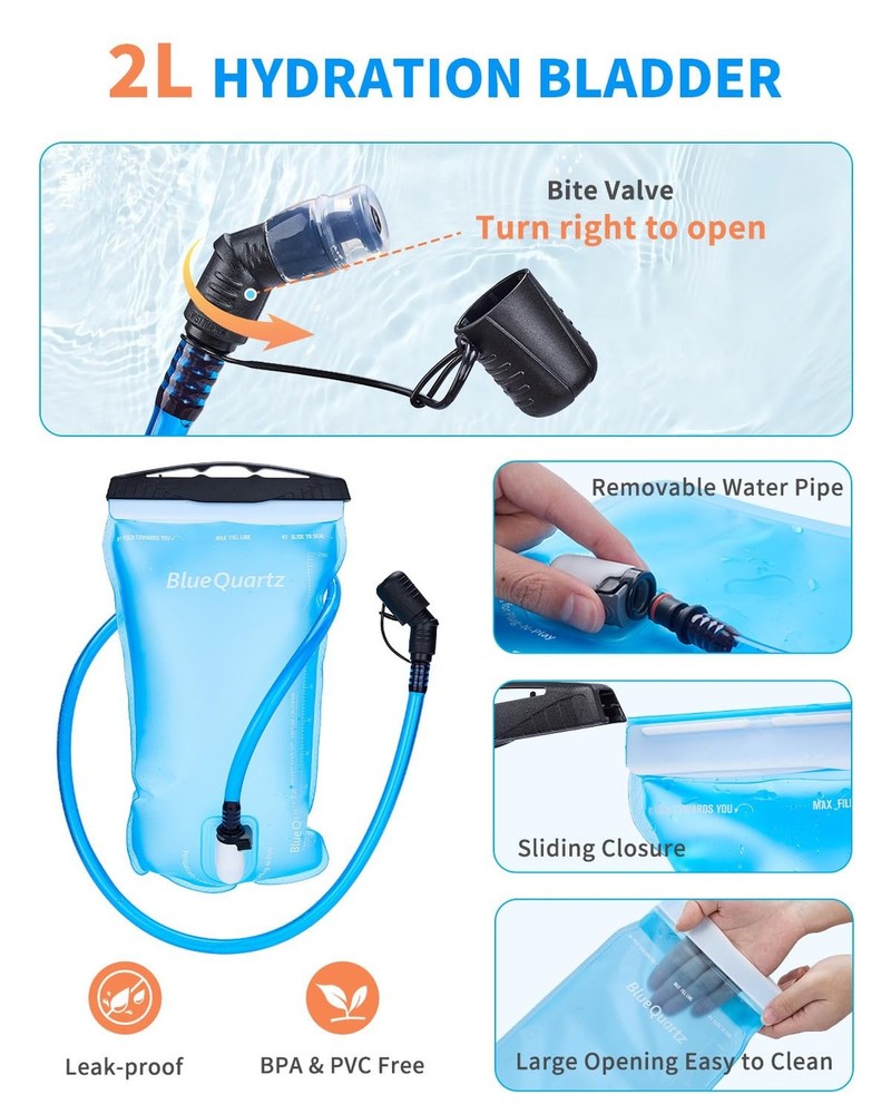 Blue Quartz Hydration Backpack with 2L Water Bladder, 18L Hiking Backpack for...
