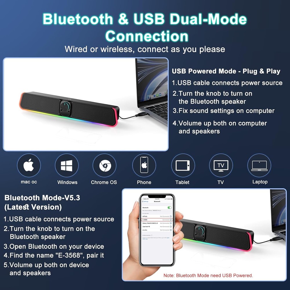 Computer Speakers - Wired USB Powered Bluetooth E-3568 Black, Black