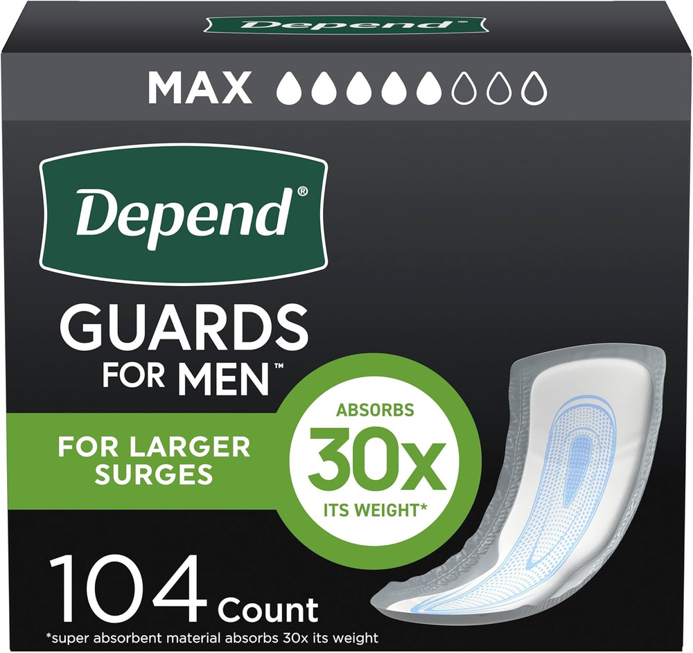 Depend Guards Incontinence Pads for Men, Maximum Absorbency, 104 Count 2 Packs