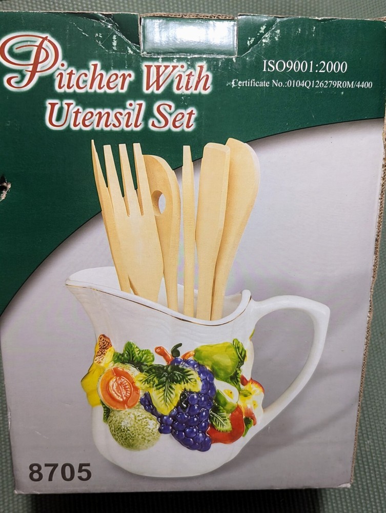 KMC Fruit Hand Painted Fine Ceramicware Pitcher w/ Utensil Set