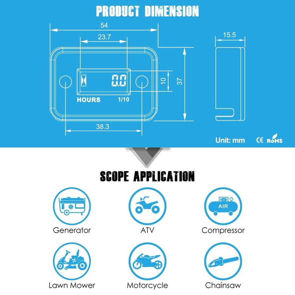 Self Powered Digital Inductive Hour Meter with Clip 2/4 Stroke Data Storage IP68