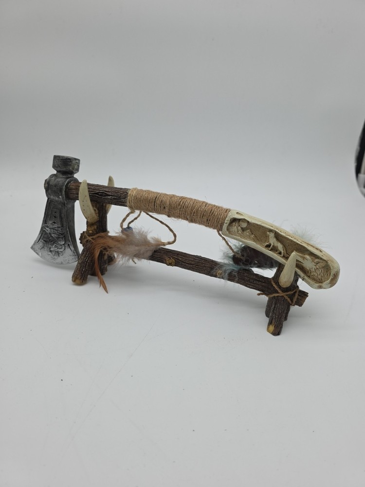 Decorative tribal tomahawk axe primitive bone handle feather display stand