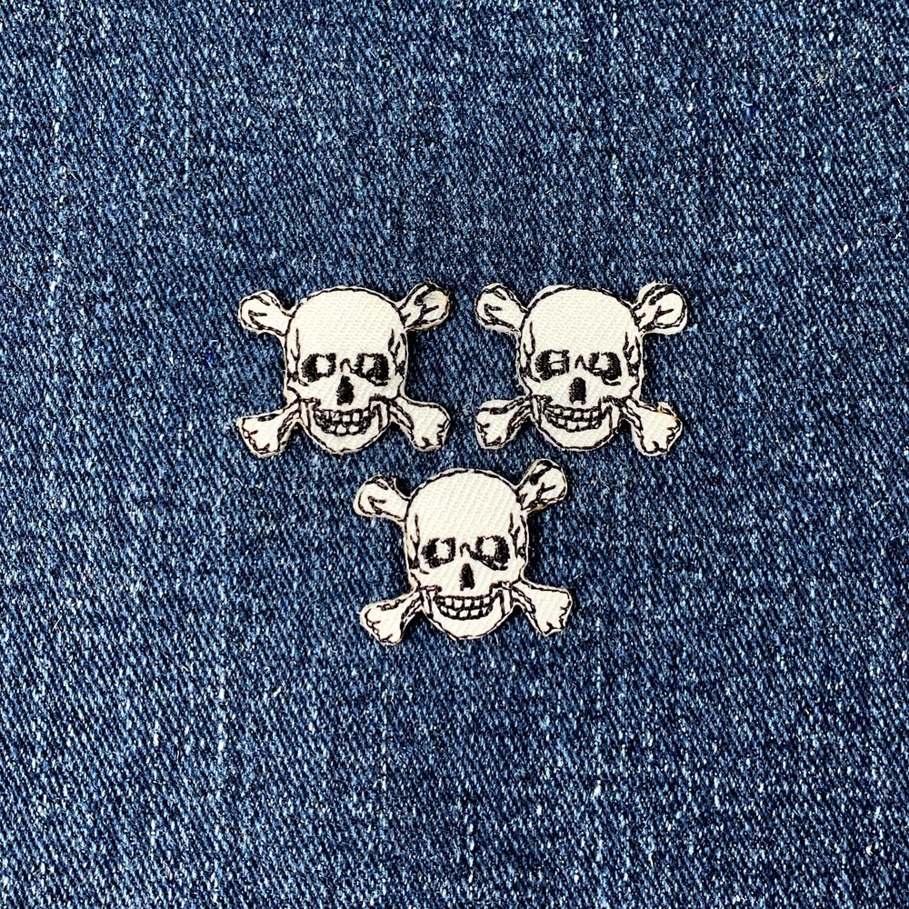 3-Pack Skull & Crossbones Applique Patch - Mini Embroidered Skeleton Badge 7/8"