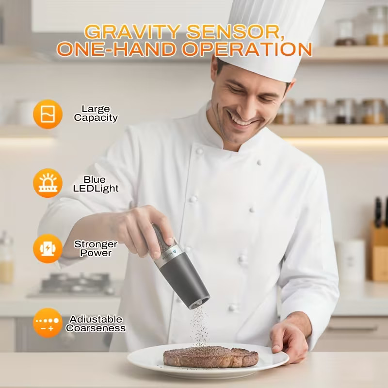 2 Pack Gravity Electric Salt and Pepper Grinder Mill Shaker Adjustable Automatic