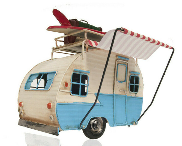 1960s Travel Camping Trailer Metal Model 9" Camper w/ Piggy Bank & Photo Frame
