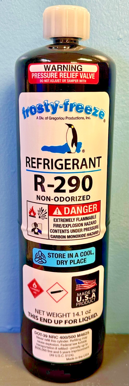 R–290, R290, "LARGE" 14.1 oz. Cylinder, Modern Industrial Refrigerant CGA600-V
