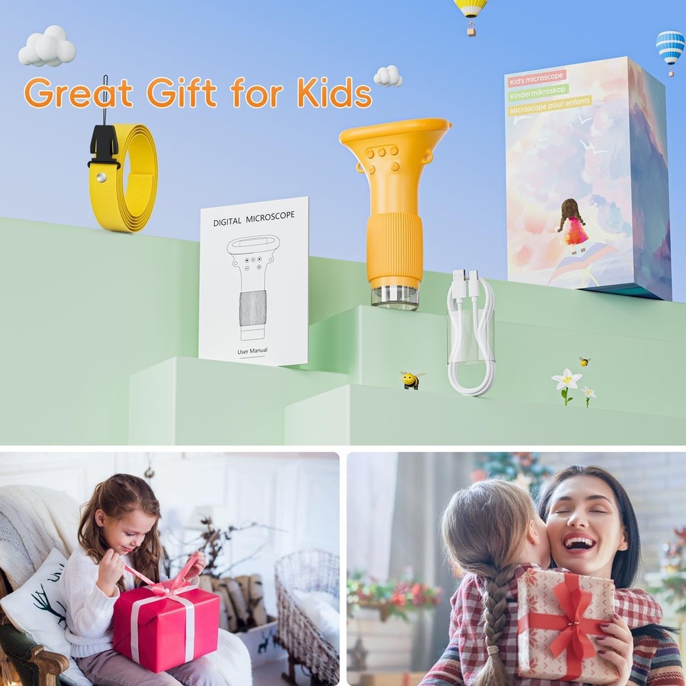 Microscope for Kids, 2" IPS Screen 1000X Handheld Digital Microscopes HD Pock...