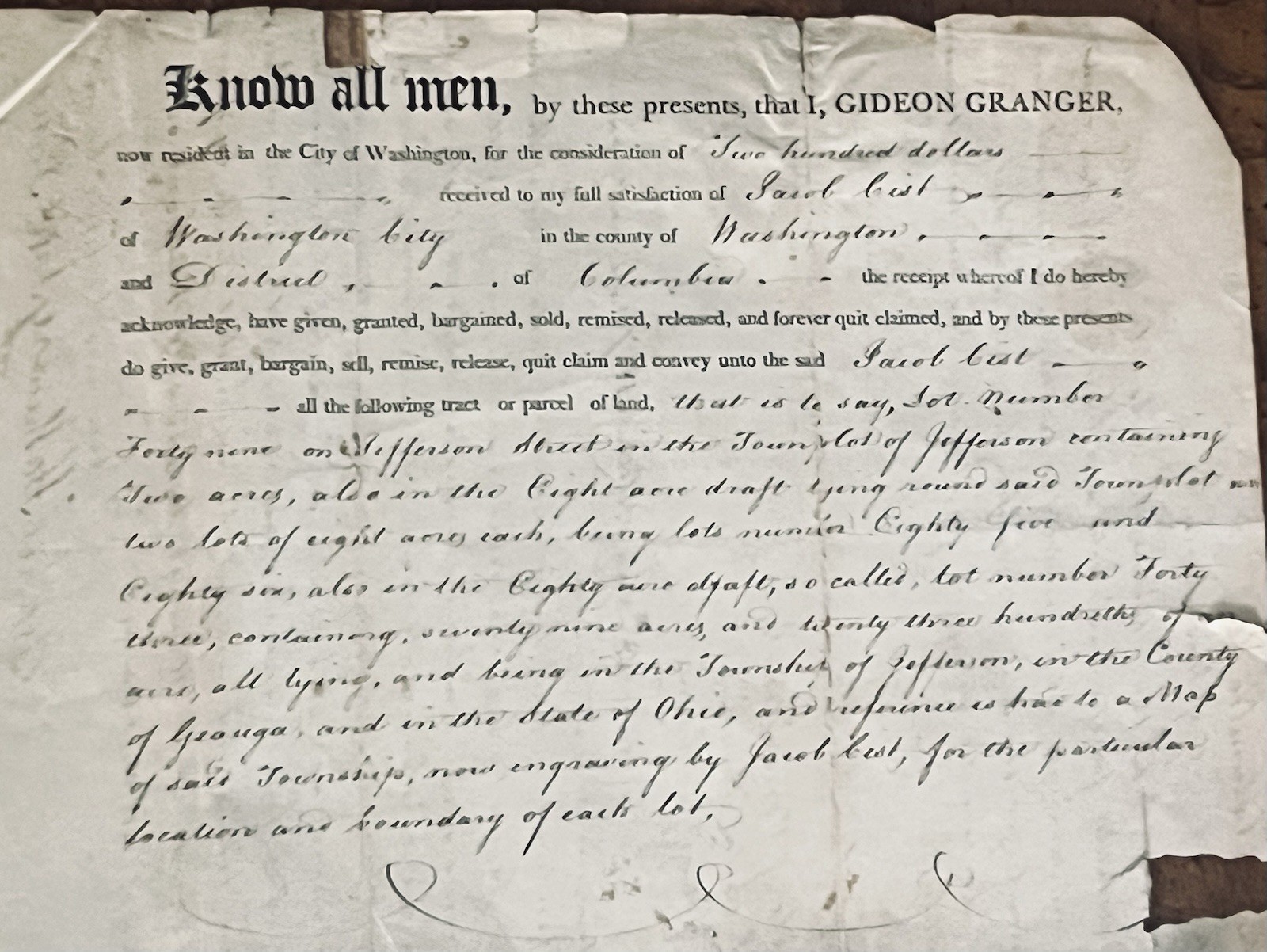 1808 Deed, District of Columbia, Signed By Gideon Granger & Dr. William Thornton
