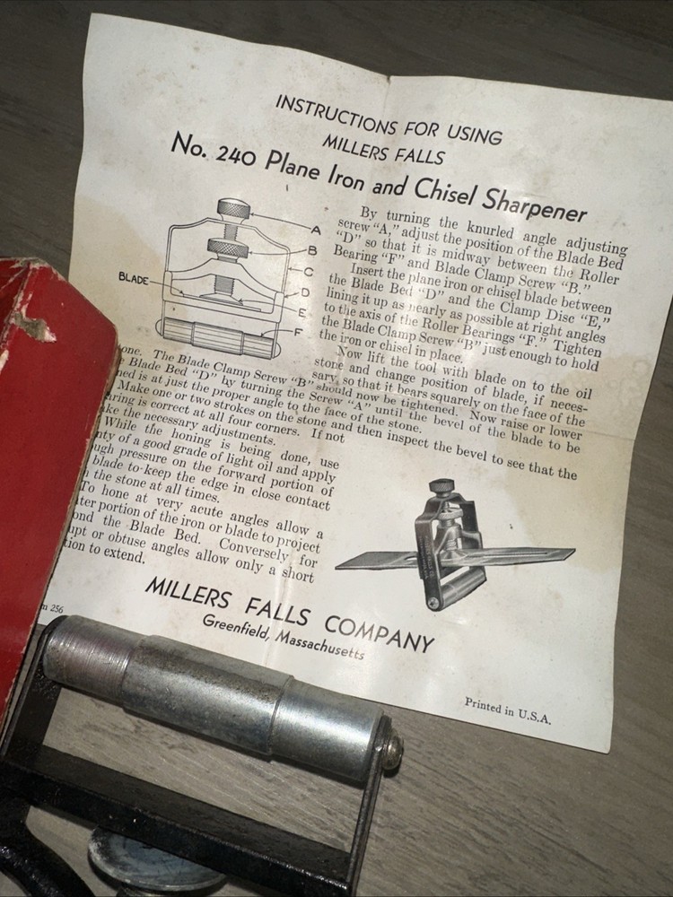 Millers Falls No. 240 Chisel & Plane Iron Sharpener Guide, Sharpening Jig in Box