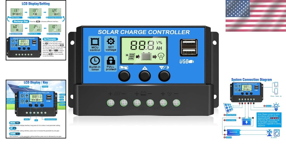 Efficient 12V/24V PWM Solar Regulator with Adjustable LCD & Dual USB Charging