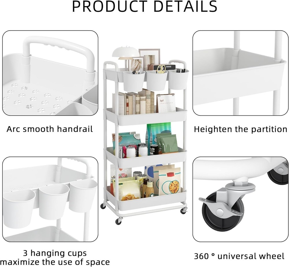 Compact 4-Tier Utility Rolling Cart with Lockable Wheels for Easy Mobility