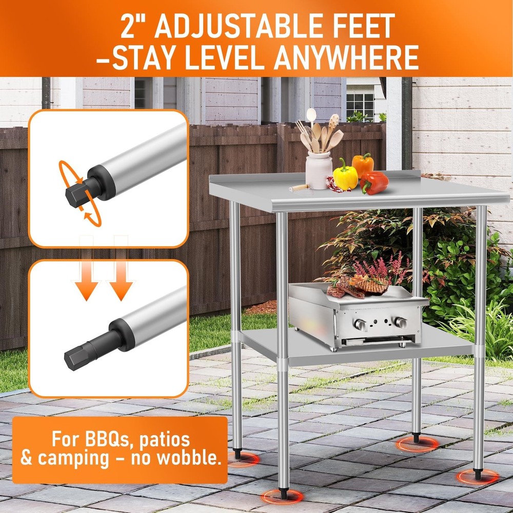 Stainless Steel Table for Prep & Work 30" X 30" inches with Adjustable Unders...