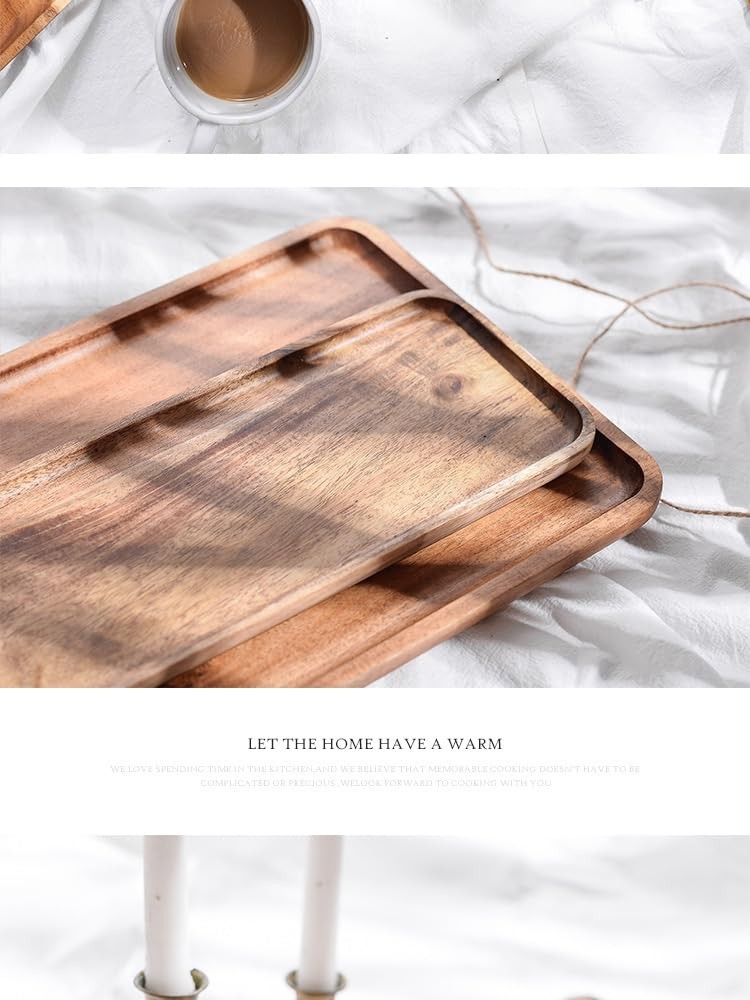 2 PCS Solid Acacia Wood Serving Trays Rectangular Wooden Serving Platters Nat...