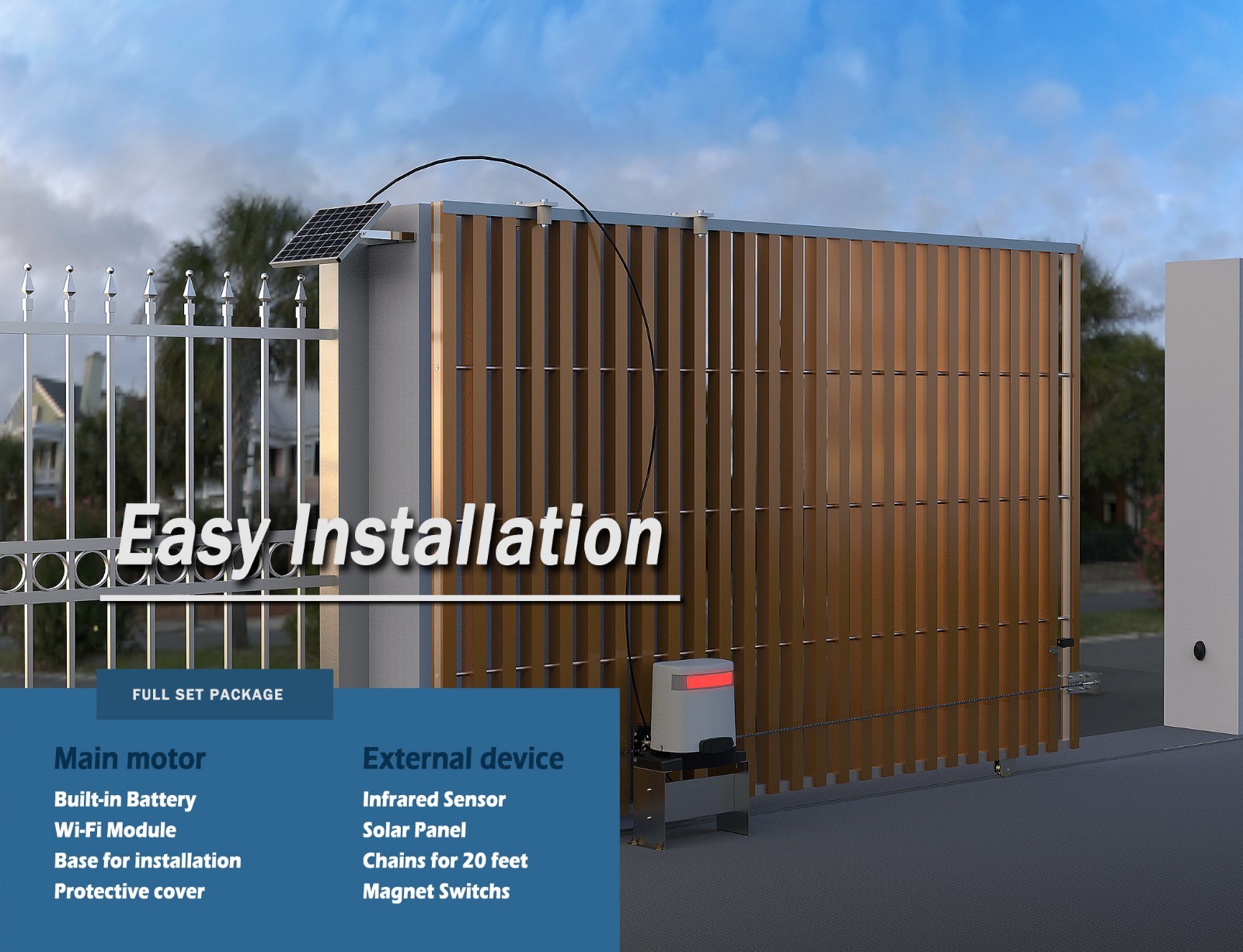 Blütezeit Chain Sliding Gate Opener 1400LB w/Solar Panel/WiFi/Battery Backup
