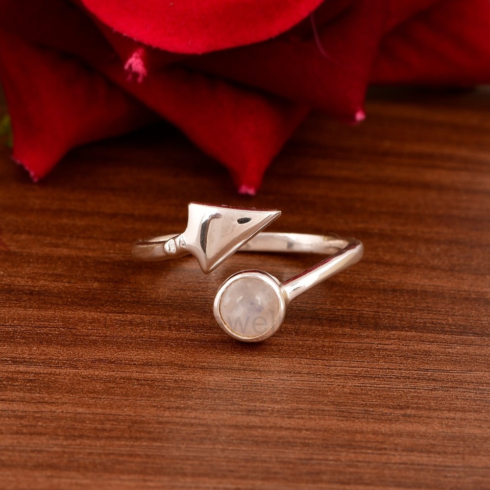 Natural Rainbow Moonstone Arrow Ring 925 Sterling Silver Adjustable Minimal Ring