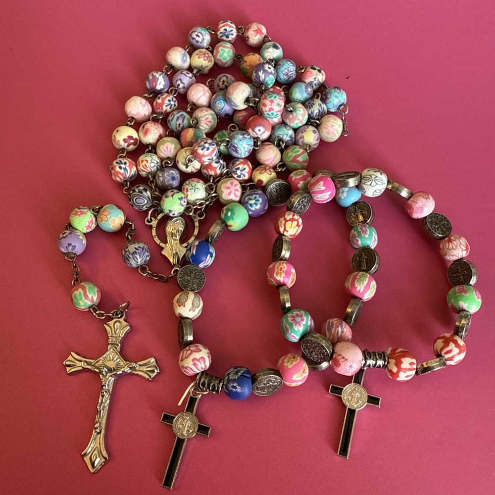 Polymer Christian rosary Necklace With 2 Matching Bracelets