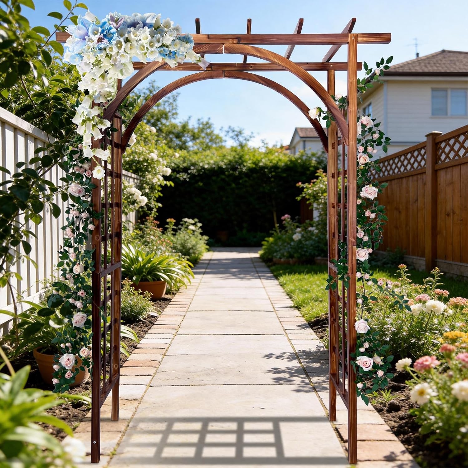 7 Ft Garden Wooden Arbor Arch Pergola Trellis Arched and Flat Top for Yard Decor
