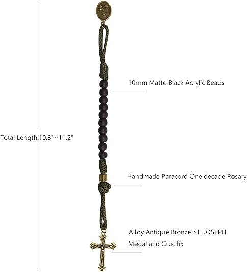 St. Joseph One Decade Green Paracord Black Beads Bracelet Prayer Rosary