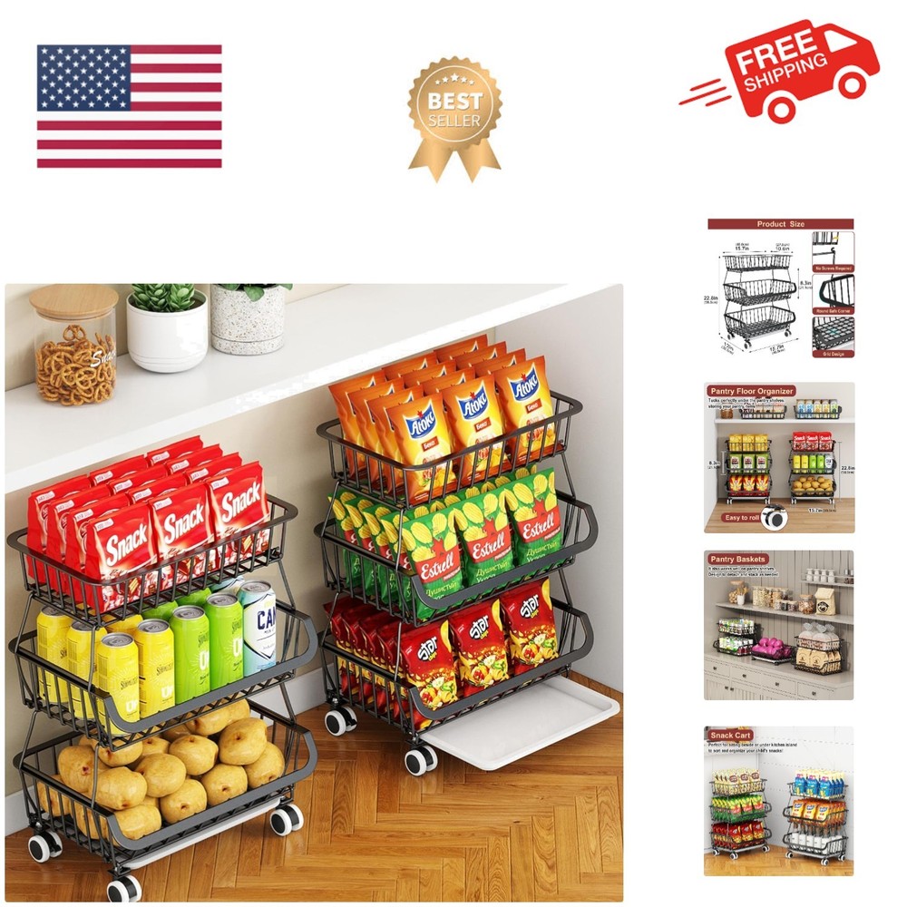 3-Tier Rolling Pantry Cart with Wheels, Stackable Wire Storage Floor Organize...