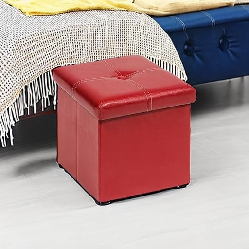 Folding Storage Ottoman Cube, Faux Leather Footrest Seat Coffee Table, Red 11...