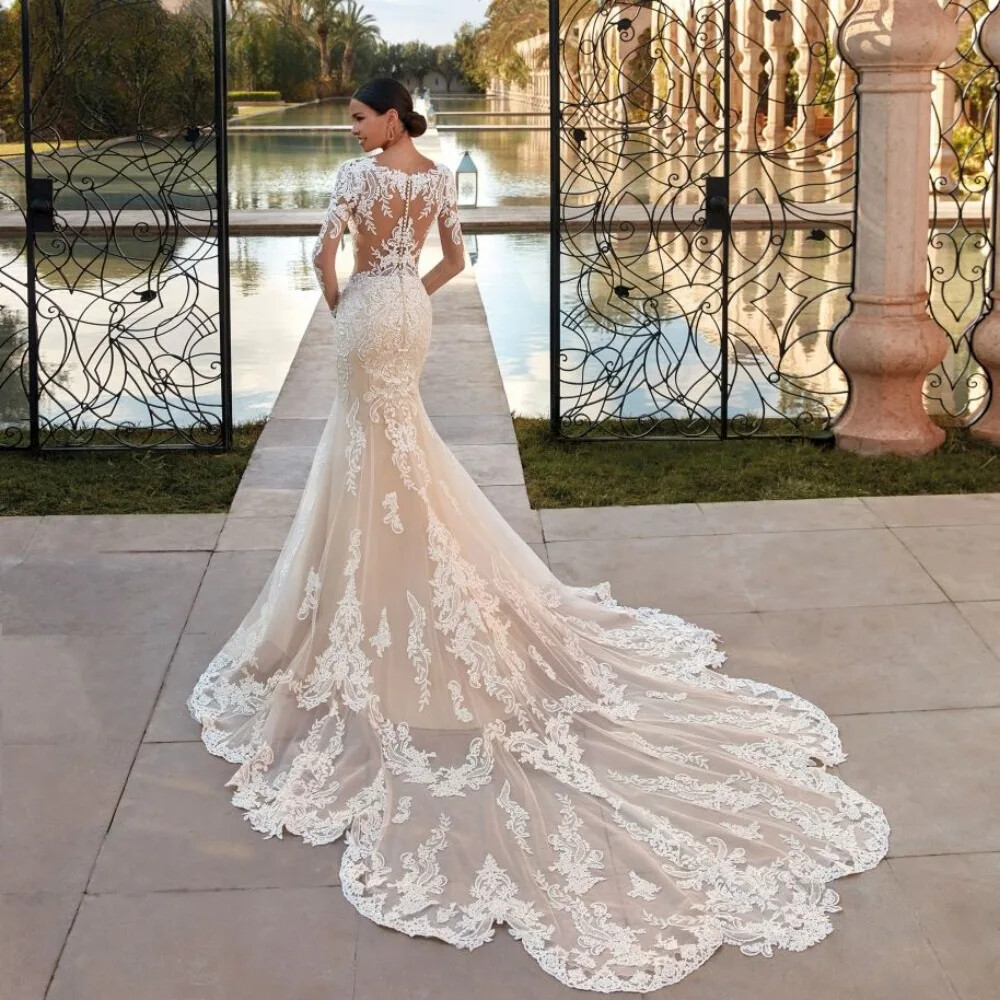 Elegant O-neck Mermaid Wedding Dresses Lace Appliques Long Sleeves Bridal Gowns