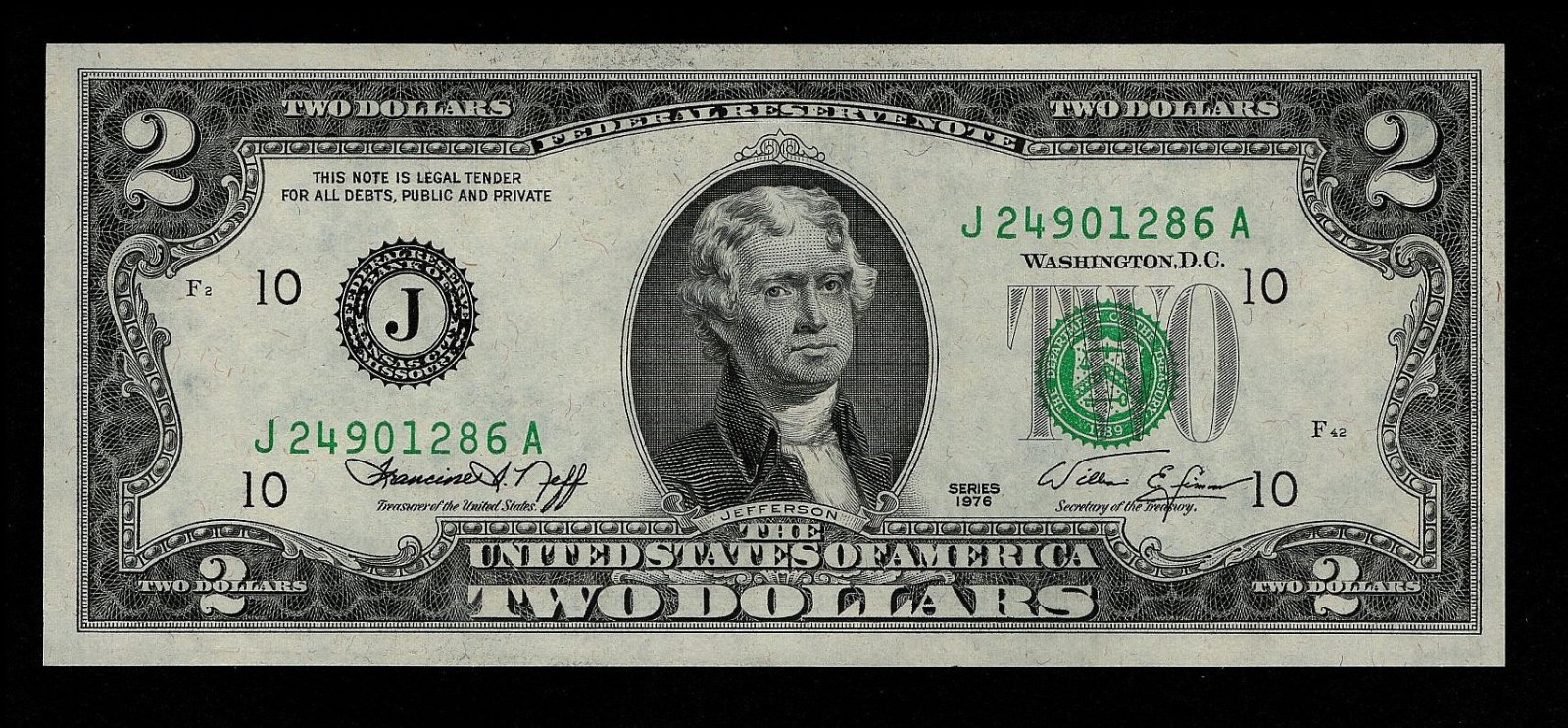 1976 $2 Federal Reserve Note Kansas City Missouri Crisp Uncirculated