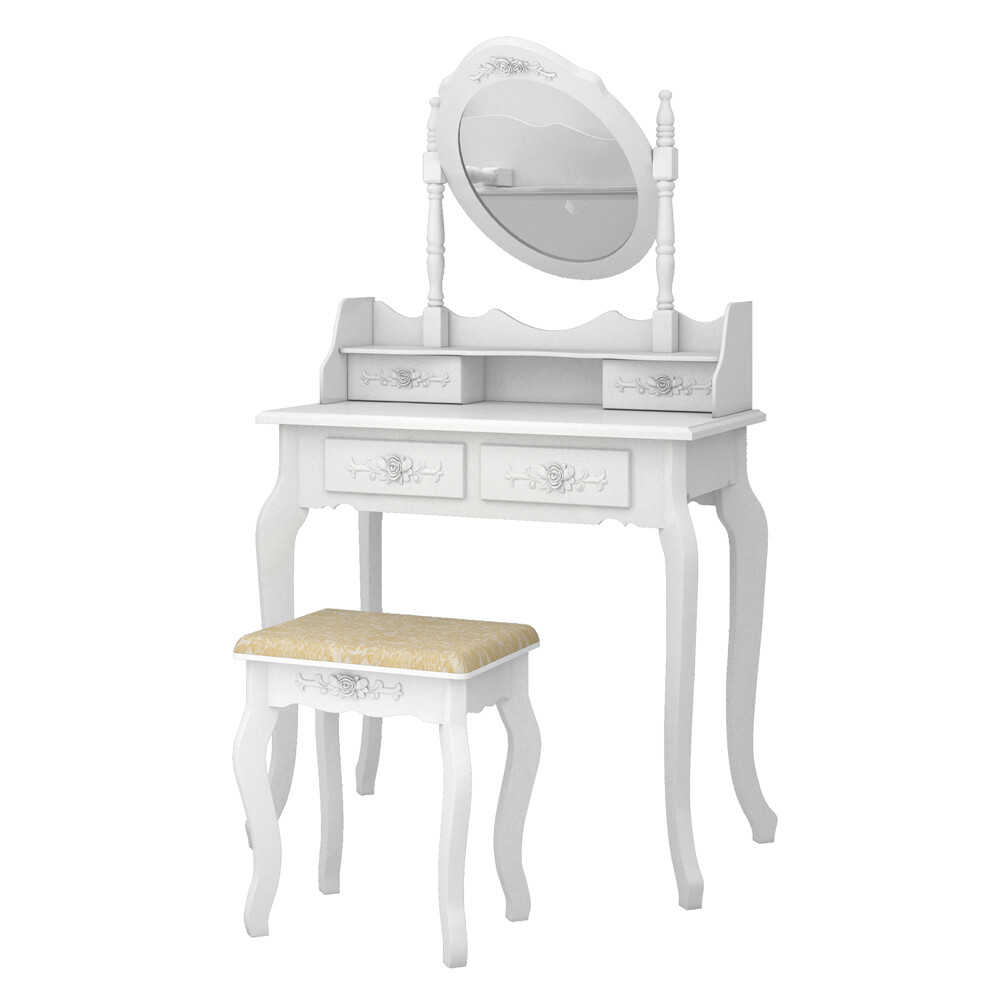 White Vanity Makeup Dressing Table Set w/Stool 4 Drawer&Mirror Jewelry Wood Desk