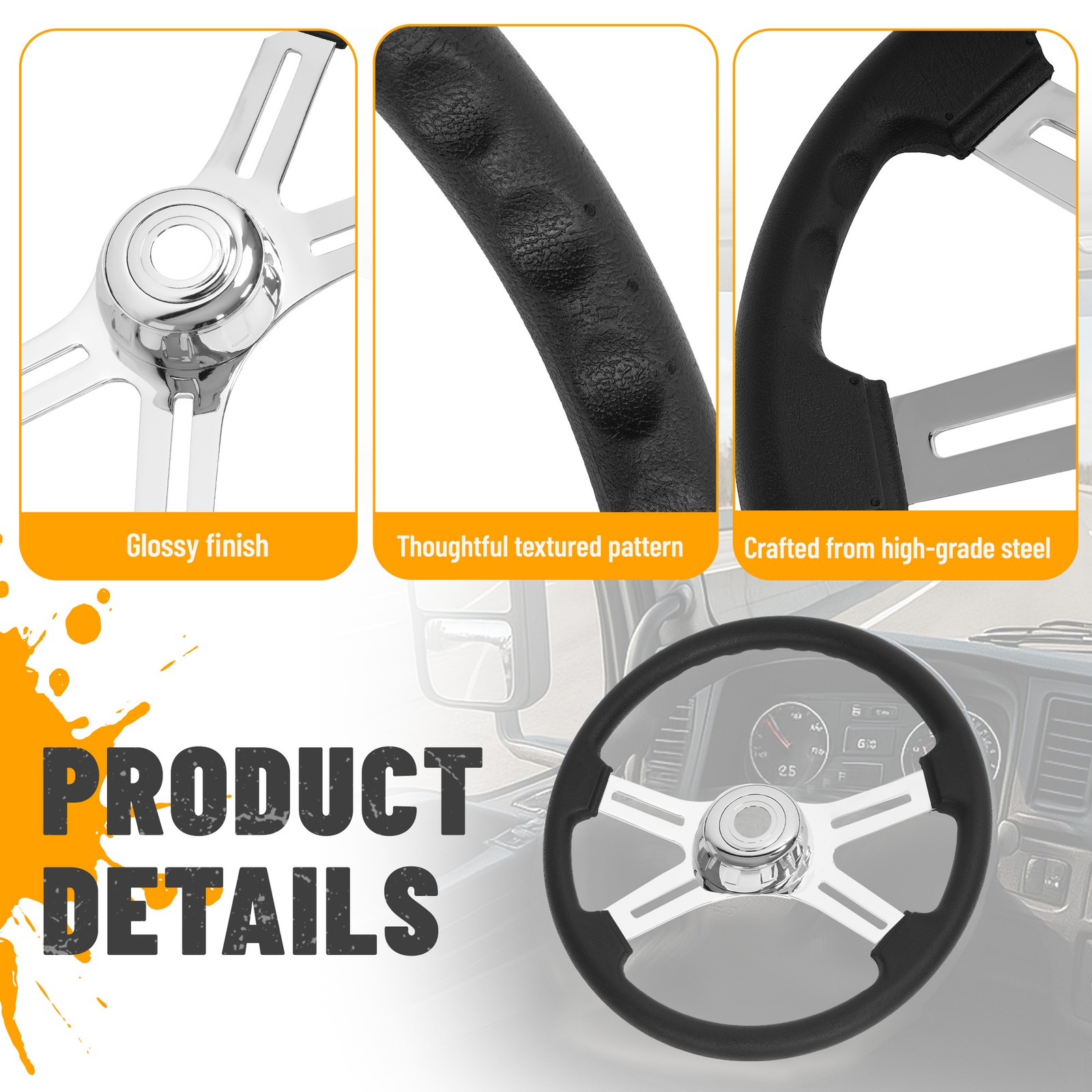 4 Spoke Steering Wheel 18" Black For Freightliner/ Kenworth/ Peterbilt/ Volvo