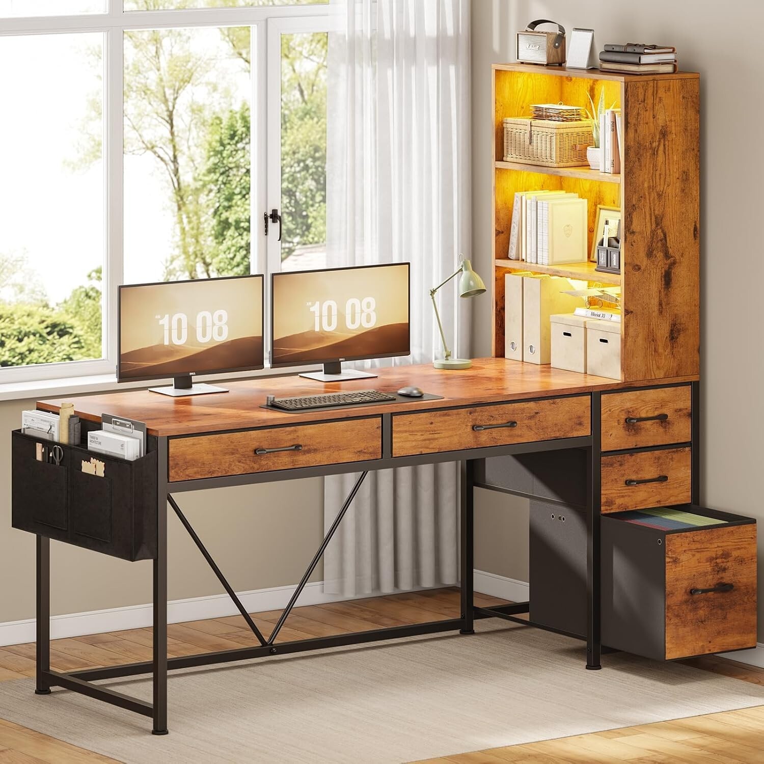 Computer Desk with 5 Drawers&Bookshelf, Reversible Home Office Desk w/LED Lights