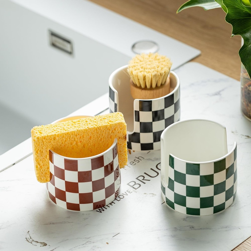 Checkered Sponge Holder for Kitchen Sink, Ceramic Dish Sponge Drying Caddy Sc...