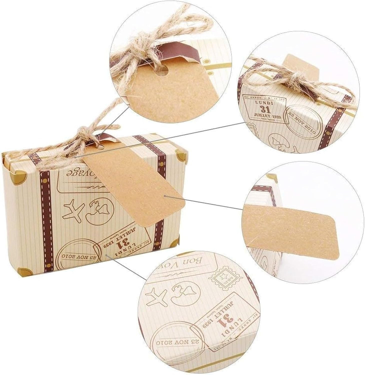 50PCS Mini Suitcase Party Favor Box, 3"x2"x1.2" Small Gift Box with Tags for Tra