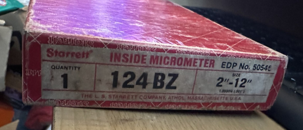 USED STARRETT #124BZ 2"-12" .001" SOLID-ROD INSIDE MICROMETER W/CASE & PAPERS