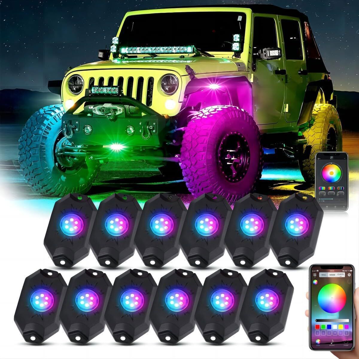 12Pods RGB LED Rock Light Offroad Music Wireless Bluetooth Underglow Neon Lights