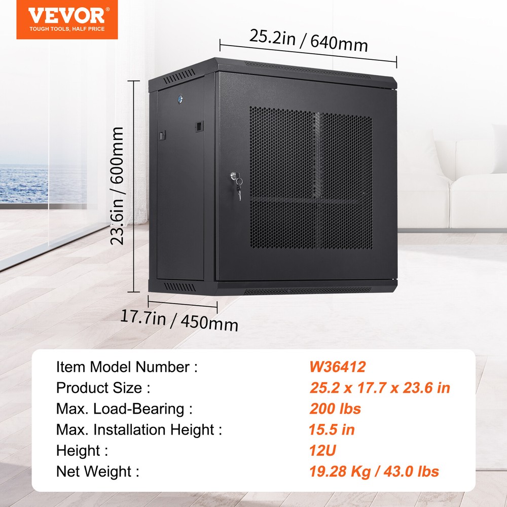 VEVOR 12U Wall Mount Network Server Rack Cabinet Enclosure 15.5'' Deep Door Lock