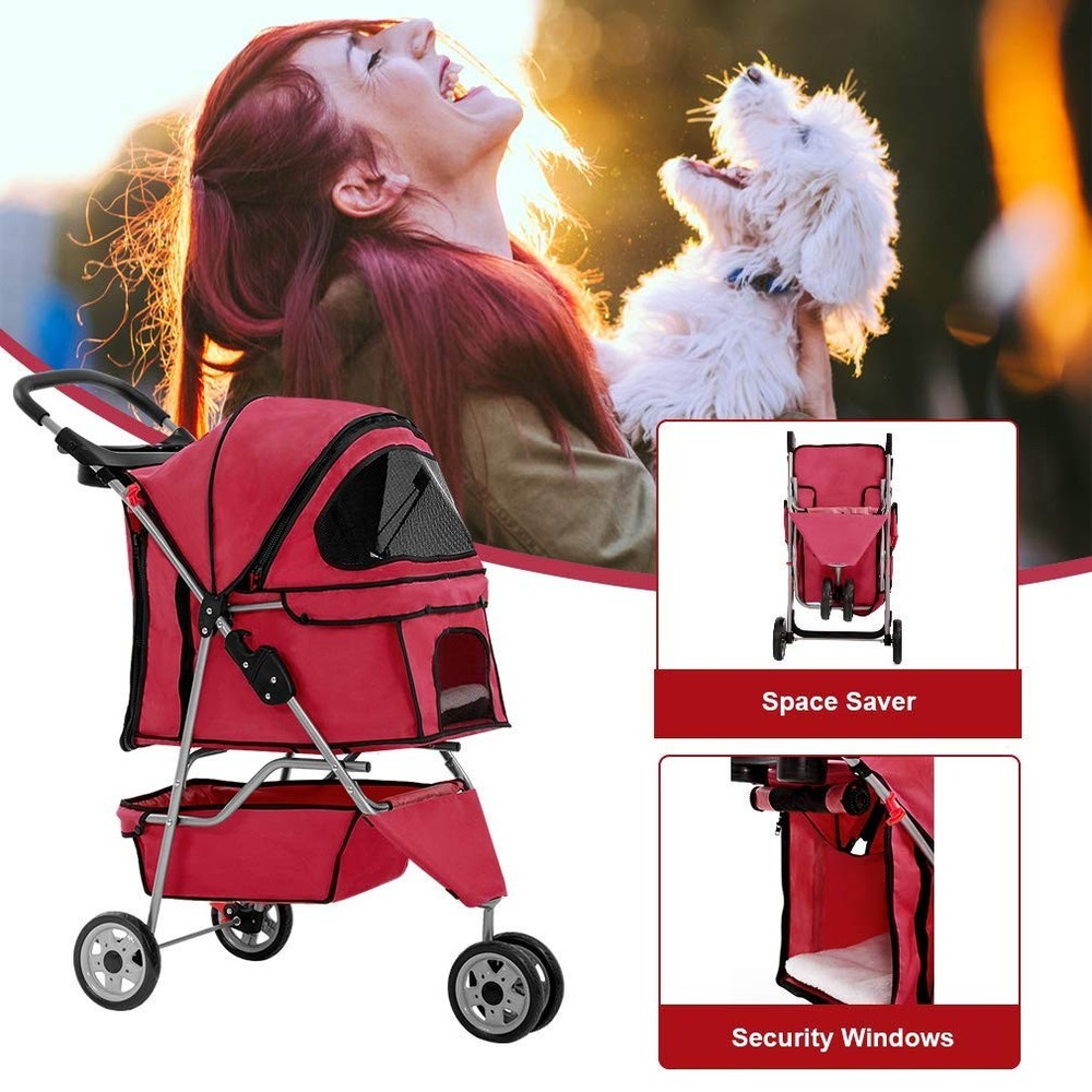 3 Wheel Pet Stroller Foldable Waterproof Carrier Red