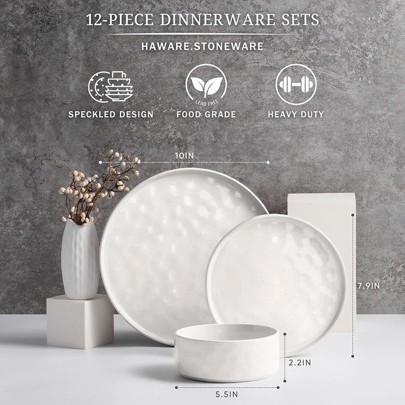 12 Piece Cosmos Ripple Stoneware Dinnerware Set Durable Safe Stackable Home Use