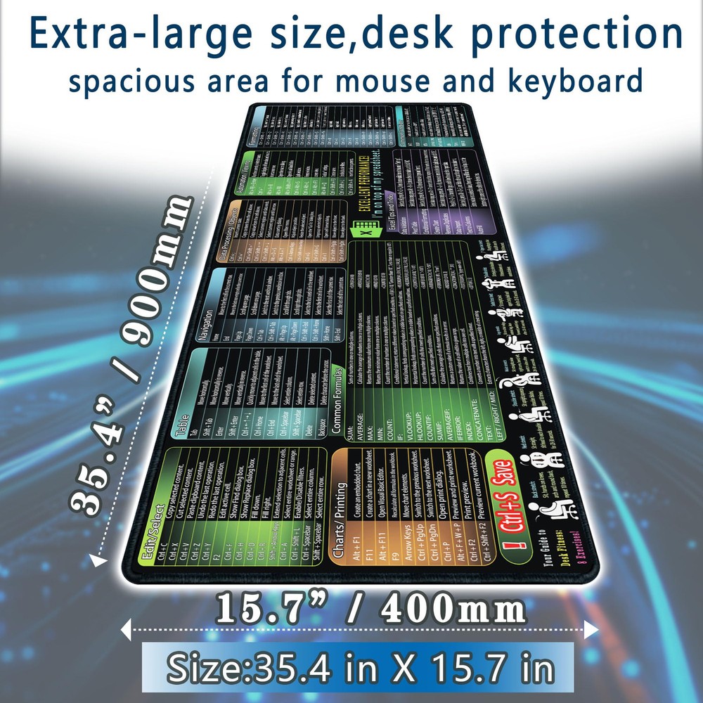 excel Cheat Sheet Mouse pad,Extra Large Office Keyboard Shortcuts Mousepad,Of...