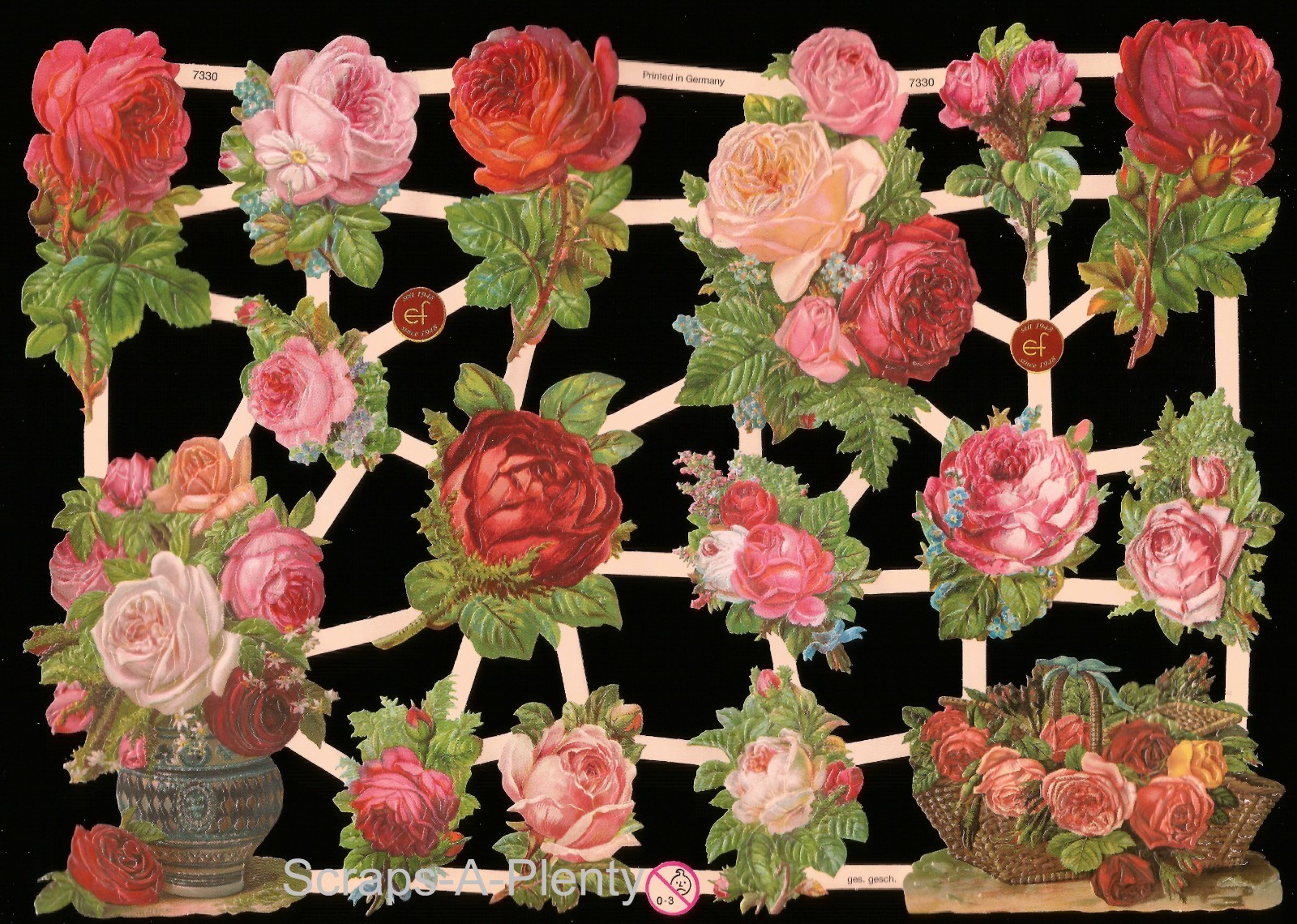 German Embossed Victorian Style Scrap Die Cut - Pink, Red, Roses Flowers  EF7330