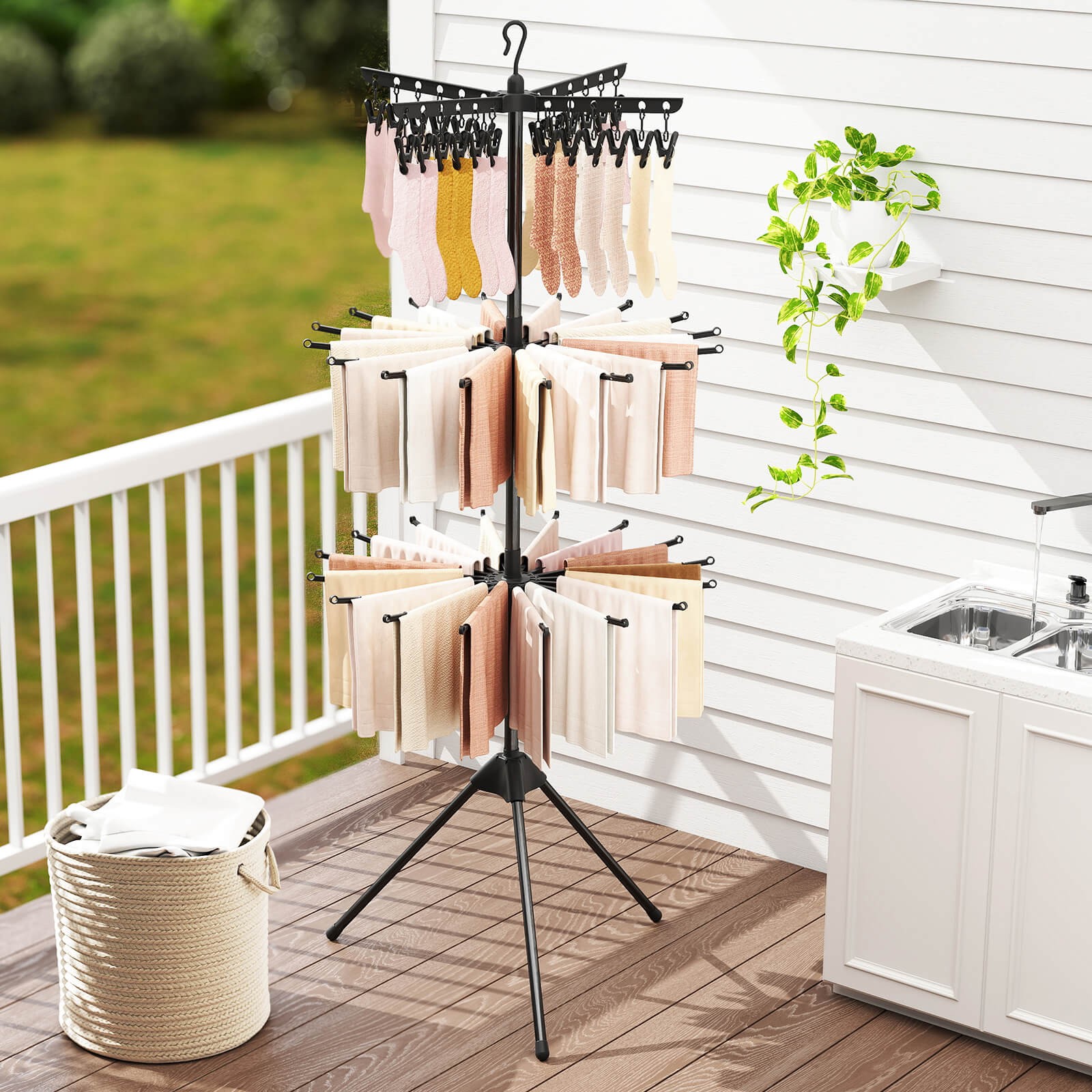 70" Folding Freestanding Tripod Laundry Drying Rack w/ 24 Clips & 32 Rods