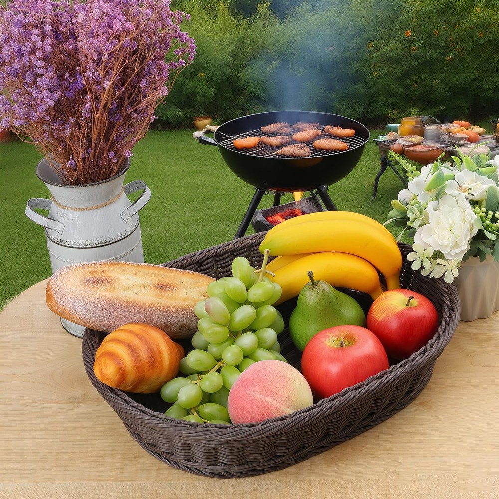 4 Pack 15.7 Inch Oval Poly Wicker Baskets, Plastic Oval Wicker Baskets, Rusti...