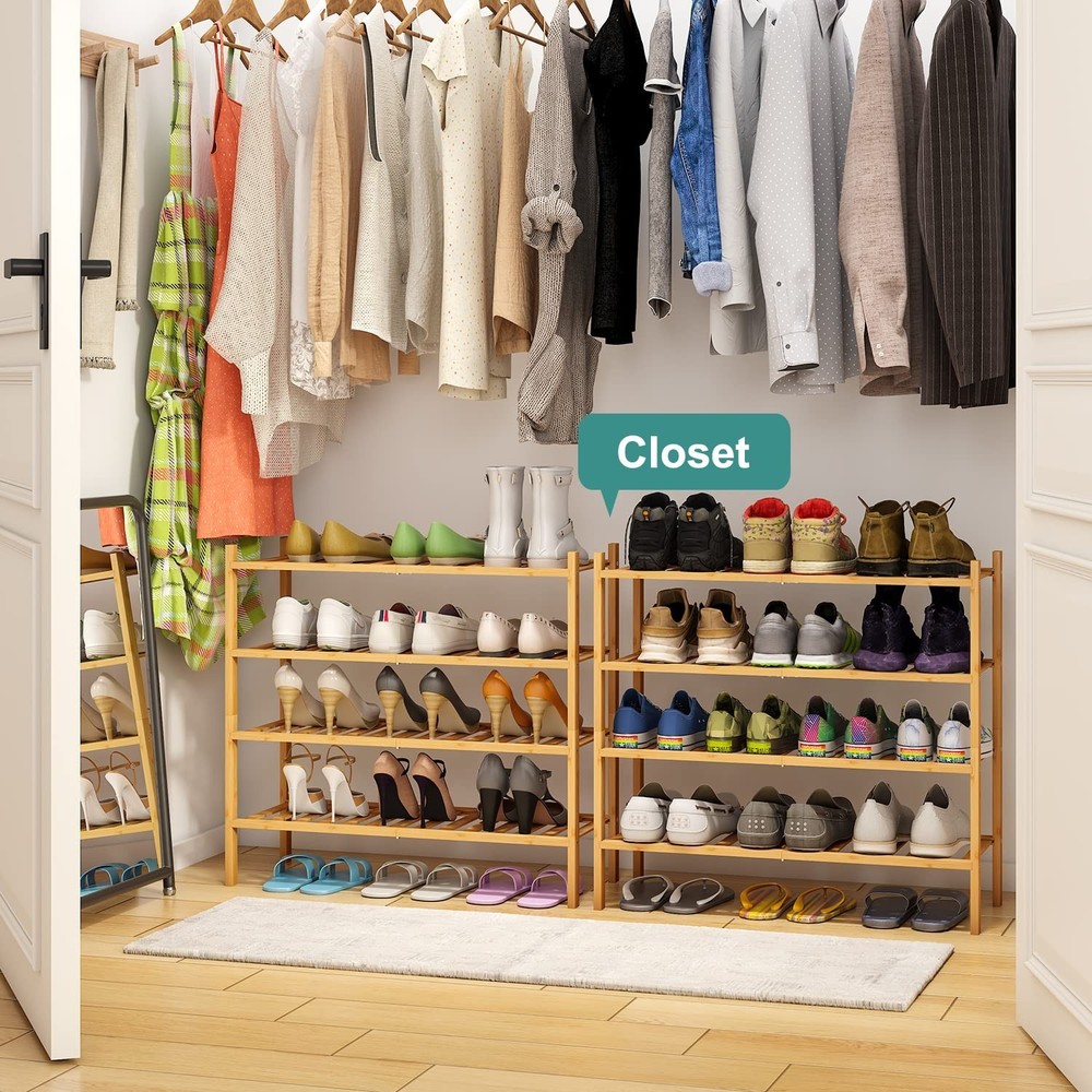 4-Tier Bamboo Shoe Rack for Entryway, Stackable | Foldable | Natural, Shoe Or...