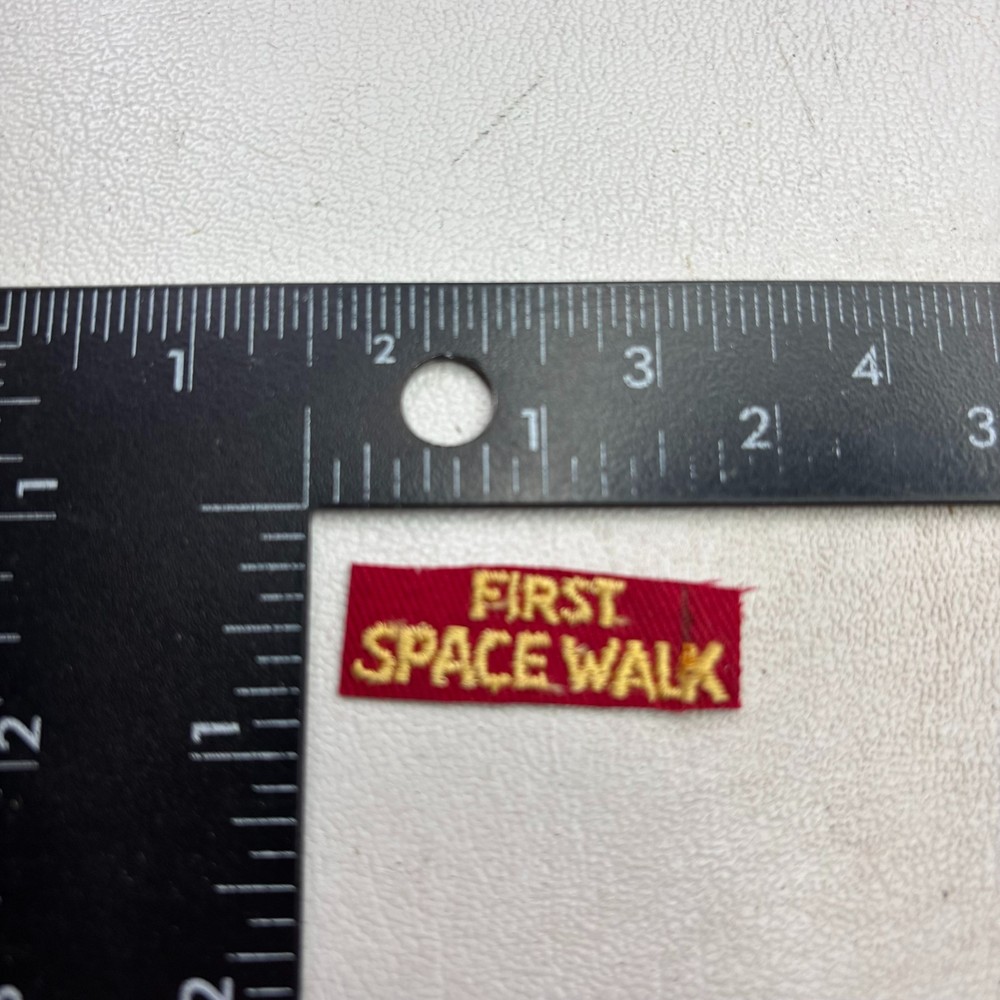 Cut-From-Larger Patch Itty-Bitty-Tiny Just Words "FIRST SPACE WALK" 50S9