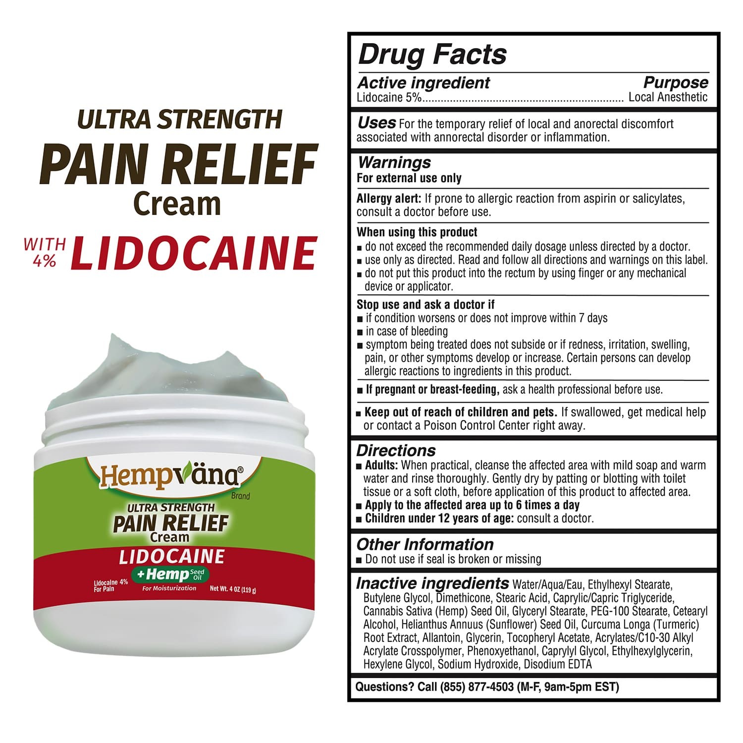 Hempvana Pain Cream Lidocaine, Ultra Strength, Pain Relief, AS-SEEN-ON-TV,