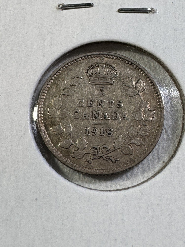 1918 Canada 5 Cents Small Silver Coin Cleaned