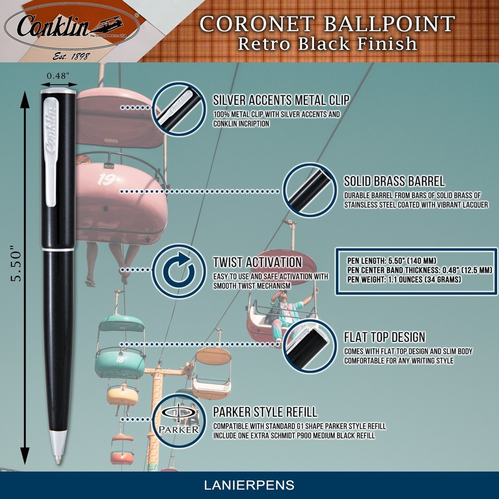 Conklin Coronet Ballpoint Pen - Black, With Medium Tip (CK71825)
