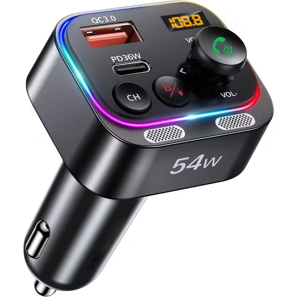 Bluetooth 5.4 FM Transmitter Car Adapter 54W PD 36W and 18W Dual Mics Hifi Bass