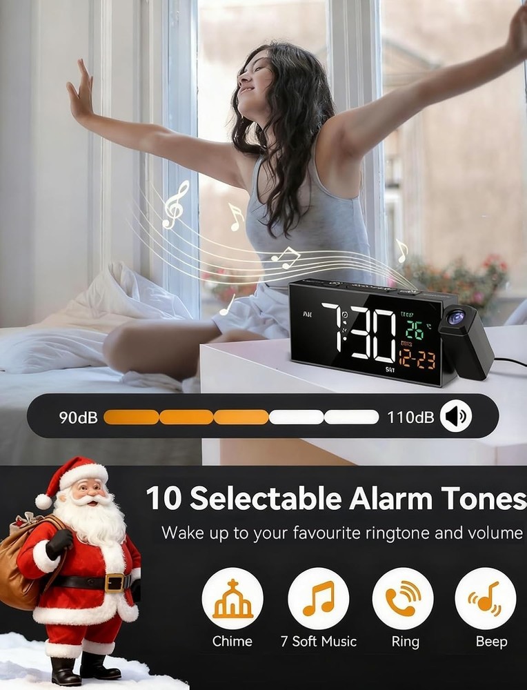 Projection Clock for Bedroom Ceiling, Alarm Clocks with 180° Rotatable Projector