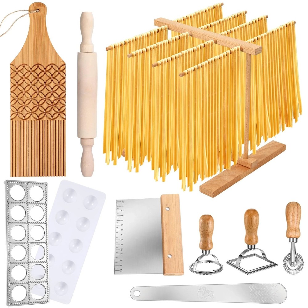 9 Pcs Pasta Making Tool Set Include 1 Bamboo Drying Rack 1 Ravioli Press